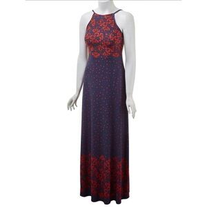 Made by Johnny Dress Navy Red Floral Sleeveless Halter Neck Maxi Size XL EUC